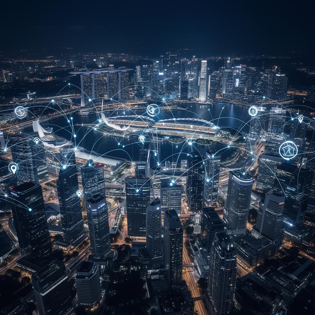 Singapore smart city skyline at night with connected data network