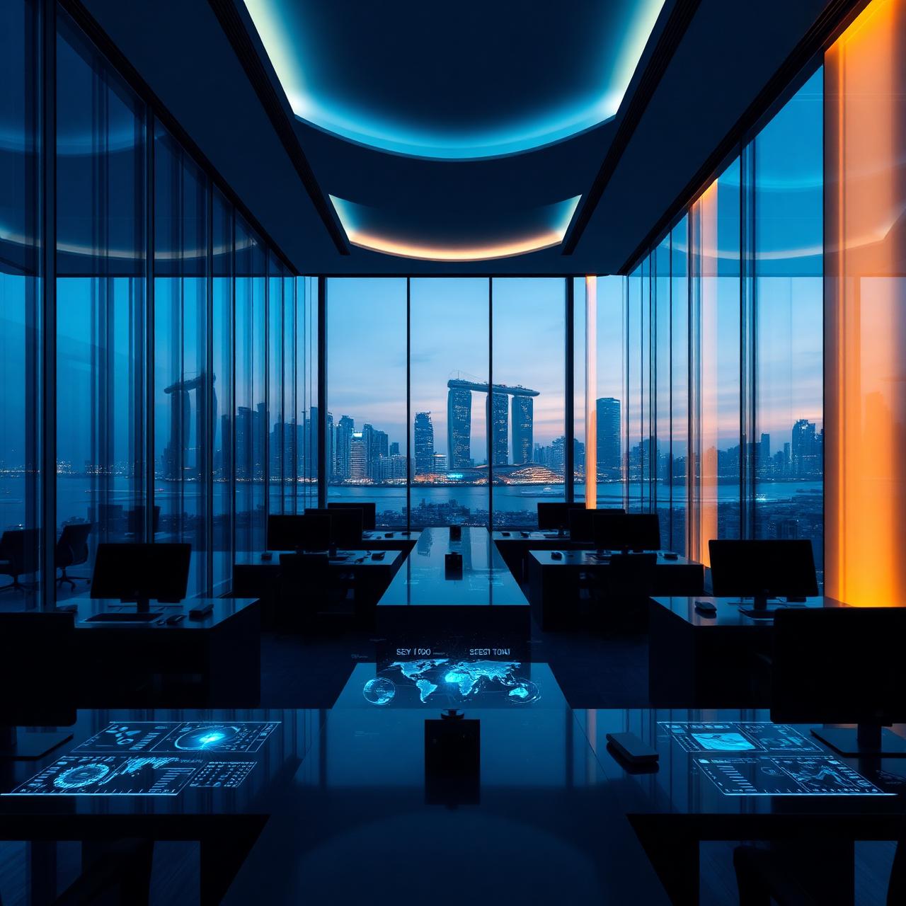 Savvytech workspace overlooking the Marina Bay skyline at blue hour